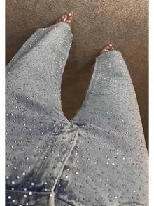 Women's Rhinestone Jeans High Waist Sright Leg Baggy Y2K Sparkly Vintage Wash Trousers Denim Pants - 藍色 - 查看 7