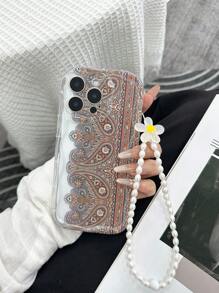 Funda de teléfono con pintura floral de borde ondulado con textura de crema y pulsera hecha a mano con cuentas, compatible con iPhone 16/11/16pro/16plus/16promax/16e/15Promax/13/14/12/XS/XR/7G/8P, Galaxy 11/12Pro/12/12X/13Pro/14Pro/15Pro/X3pro/, Redmi 10/9/Note9/12c/Note11pro/Note8Pro/9C/9a