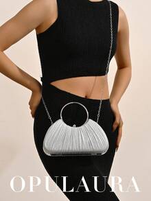 OpulAura 女士金属魅力晚宴包，奢华皮革手拿包，适合宴会、庆典、舞会、婚礼、伴娘、生日礼服配饰 - 銀色 - 查看 9