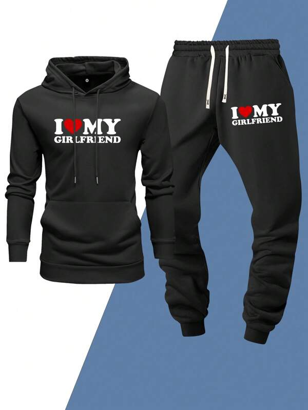 2pcs Men's Lightweight Hoodie And Drawstring Sweatpants Set, Casual Letter Print Pattern, Suitable For Spring/Autumn Outdoor Activities, Traveling And Relaxation, Great Gift For Husband Or Boyfriend