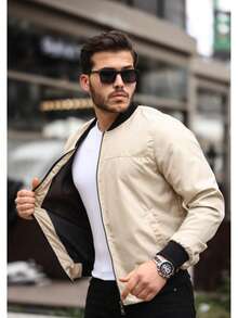 Men's Contrast Color Zipper Front Casual Baseball Jacket - Beige - View 1