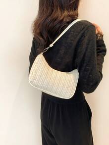 春夏新款编织单肩包腋下法棍包百搭街头逛街小包月牙包度假沙滩编织休闲包上班通勤 - 米色 - 查看 4