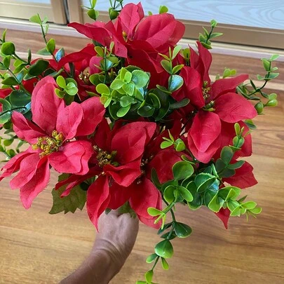 1pc Realistic Eucalyptus & Poinsettia Flower Arrangement, Suitable For Christmas, Halloween Decoration, Window Display, Table Top Centerpiece, Bouquet