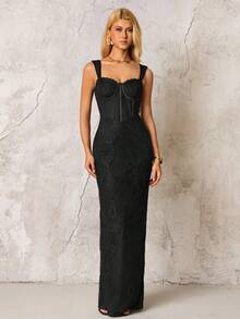 PARTHEA Backless Split Bodycon Contrast Lace Cami Elegant Formal Evening Gowns,Long Party Dresses,Elegant Dresses For Party,Matric Dance Black Dresses(Zipper,Sexy,Elastic Force) - Black - View 1