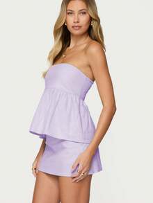Two Piece Skirt Set For Women Summer Strapless Ruffle Trim Tube Tops Mini Skirt Set Going Out Outfits - 淡紫色 - 查看 2