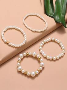 Set de 4 piezas de joyería con pulsera de cuentas y colgante con forma de corazón de perlas falsas, adecuado para niños, niñas, uso diario, festivales y fiestas