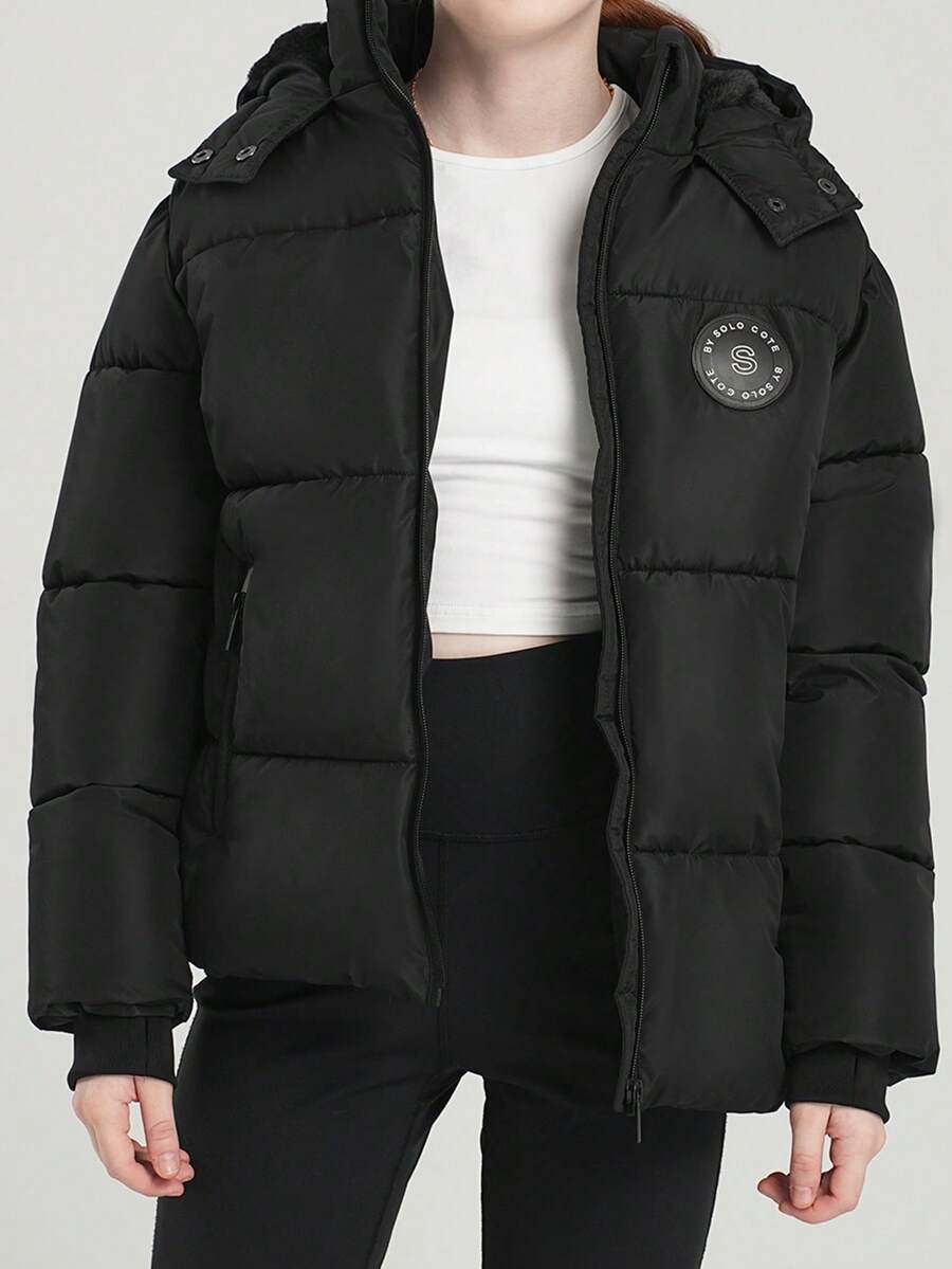 SOLOCOTE 少女加厚连帽拉链长袖冬季夹克，秋冬厚外套，雪地玩耍的圣诞礼物 - 黑色 - 查看 1