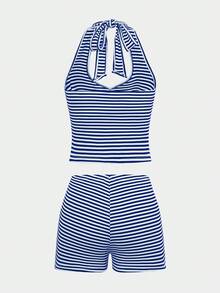 Women's Two Pieces Sports And Leisure Home Halter Vest Shorts Color Striped Suit - Dark Blue With White Stripes - View 10