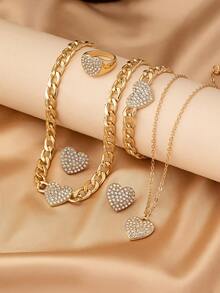 6pcs/Set Elegant Metal Gold Heart Rhinestone Pendant Necklace, Bracelet, Ring, Earrings Jewelry Set For Women, Versatile For Daily Wear & Festivals - Yellow Gold - View 5