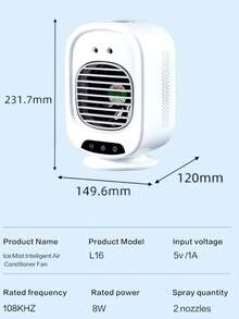1 Adjustable Portable Air Conditioner Cooling Fan, Rechargeable, Multi-Speed Settings, 2 Modes (Air Conditioning & Misting), 2000mAh Battery, Suitable For Home, Car, Office, Outdoor, White Quiet Design, No Installation Required