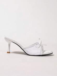 女士网眼面料透气露趾高跟凉鞋，百搭简约设计，蝴蝶结修身细高跟凉拖，夏季新品 - 白色 - 查看 4