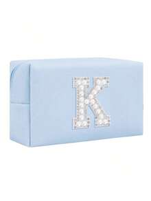 女士八角形化妆包，PU字母化妆包，便携式雪尼尔字母拉链化妆包，字母贴片PU皮革防水旅行洗漱包，字母组合化妆袋（字母A~Z），适合秋季家居装饰 - 藍色+珍珠字母 A-Z - 查看 26