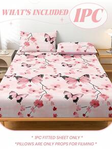 1件蝴蝶花朵图案床笠,床垫保护套,透气防起球床罩,适用于单人床、双人床、大号床、特大号床,四季皆宜,可机洗,防尘防滑,不含枕头和枕套,是节日和情人节的理想礼物。 - 彩色 - 查看 3