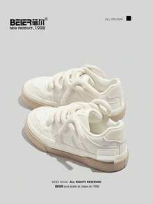 BEIER 女士白色休闲系带滑板鞋，时尚百搭真皮运动鞋，适合春秋季节