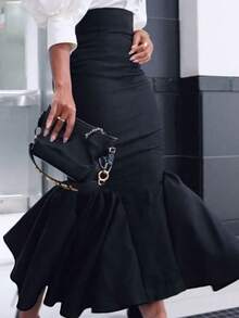 Rok A-Line Rajut Warna Polos untuk Wanita Ukuran Besar, Cocok untuk Semua Musim, Warna Hitam - Hitam - View 3