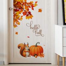 秋季松鼠和枫叶窗贴 - “你好秋天”或“感恩节快乐”文字自粘秋季装饰，暖色调，适用于客厅、卧室、走廊 - 耐用塑料季节性家居装饰，秋季家居装饰，节日房间装饰，秋季主题艺术品，易于粘贴的贴纸，舒适的秋季主题，高品质 PVC，DIY 爱好者