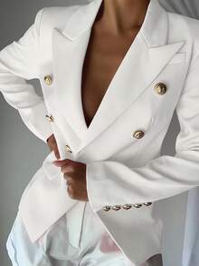 New Pure White Women's Elegant Double Breasted Lapel Long Sleeved Suit Jacket, High-Quality Classic Suit Jacket, Suitable For Office And Business - 白色 - 查看 5