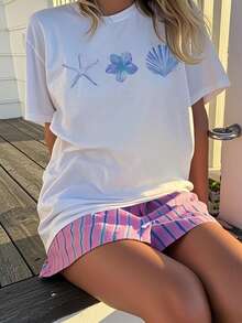 1pc Girls' Casual Shell Art Print Round Neck Short Sleeve T-Shirt, Summer Student Youth Apparel - The Shell Art Style T-Shirt Inspires Imagination And Self-Expression - White - View 6