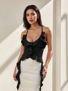 Mother's Day Independence Day Graduation Season Birthday Gift New Women's Strap Top, Strap Up Sleeveless Top, Backless Ruffle Solid Color Summer Tank Top, Suitable For Club Parties - 黑色 - 查看 2