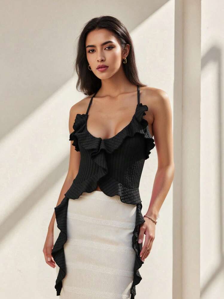 Mother's Day Independence Day Graduation Season Birthday Gift New Women's Strap Top, Strap Up Sleeveless Top, Backless Ruffle Solid Color Summer Tank Top, Suitable For Club Parties - màu đen - Xem 2
