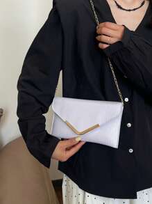 Solid Color Textured Metal Edged Shoulder Bag, Flap Chain Envelope Bag, Crossbody Bag, Wallet, Phone Pouch, Suitable For Dates/Formal Events, Shopping, Wallet, Shopping, Young Women, College Students, Newlyweds, Office Ladies. Ideal For Office, University, Work, Business, Commuting, Outdoor Activities, Travel And Outings - White - View 5