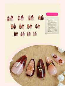 24 uñas postizas de forma de almendra de longitud media. Color marrón, adecuado para otoño/invierno. La superficie de las uñas está decorada con patrones florales, adornos de rosas y patrones de cerezas. Elegante y fácil de aplicar, crea una manicura exquisita y muestra buen gusto. Uñas postizas, suministros de manicura - Multicolor - Ver 2
