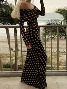 女士年轻、时尚、浪漫、优雅长袖经典波点图案露肩镂空钩编设计波点长裙，春季款 - 咖啡 - 查看 2