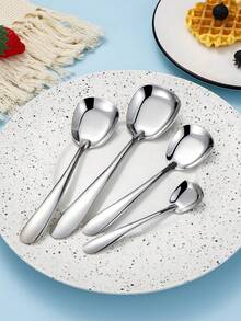 4pcs Stainless Steel Angled Handle Flat Spoon, Korean Style Ingot Shaped Dessert Spoons, Household Use - Multicolor - View 10