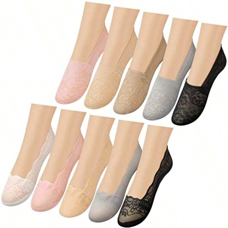 10 Pairs Lace Ankle Socks Women's Lace No Show Socks Ruffle Low Cut Non Slip Casual For Summer Women Low Cut - as pic - View 1