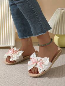 Linen Slippers For Women, Suitable For Spring, Autumn & Summer, Non-Slip, Breathable, Slip-On Sandals With Lace Bow Design, Lightweight For Indoor & Outdoor Wear - White - View 6