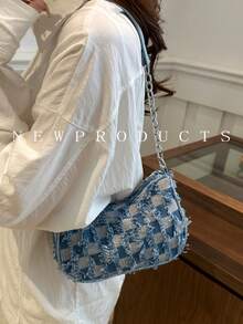 1 件蓝色牛仔拉链格纹印花拼布肩带时尚百搭单肩包，适合女性日常使用