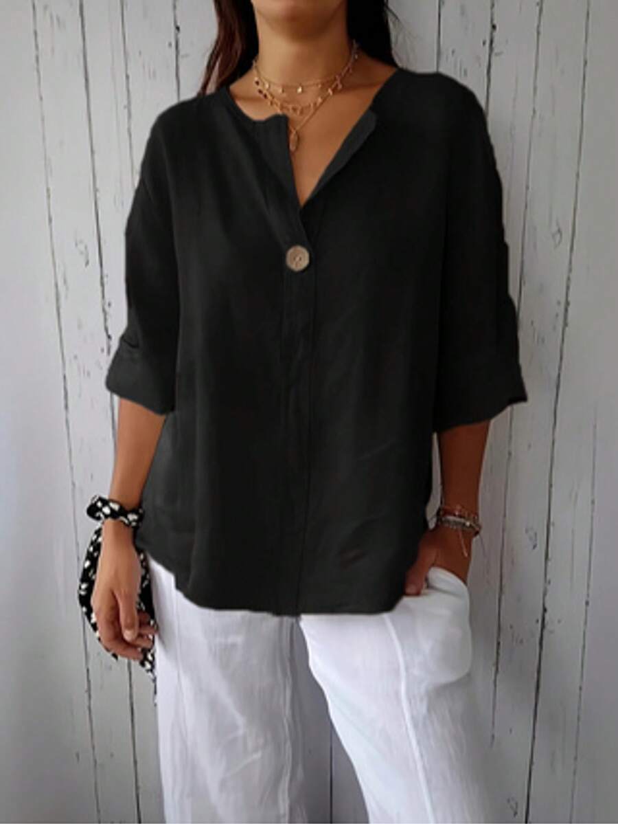 Women's Notched Collar Button Detail Woven Blouse, Relaxed Fit Black Spring - Black - View 1