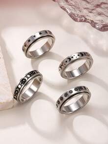 4pcs Women Stainless Steel Vintage Coin Rotatable Stress Relief Ring Set, Stars, Moons, Flowers, Versatile Matching, Suitable For Men & Women, Daily Wear, Holiday, Date Gift Jewelry