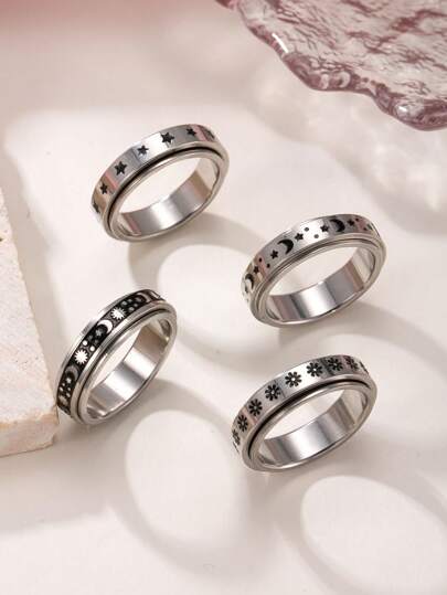 4pcs Women Stainless Steel Vintage Coin Rotatable Stress Relief Ring Set, Stars, Moons, Flowers, Versatile Matching, Suitable For Men & Women, Daily Wear, Holiday, Date Gift Jewelry