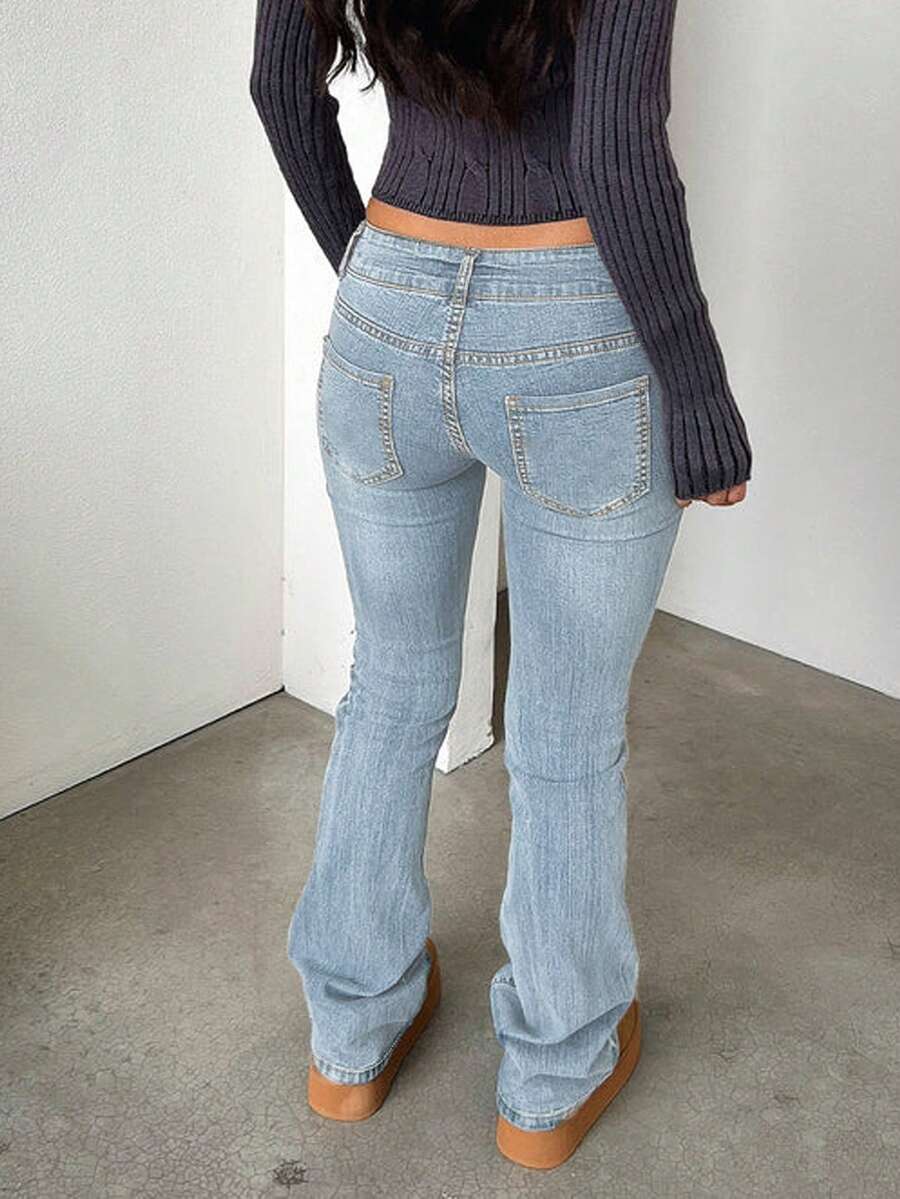 Cross-Border Women's New Basic Style Double-Button Low-Waist Flared Jeans, Suitable For All Seasons - Medium Wash - View 1