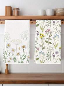 2pcs Kitchen Tools Towels Kitchen Cloths, Polyester Hand Towels With Flowers Pattern, Super Soft Woven Dishcloths, Machine Washable, Ideal For Holiday Gifts & Home Decor.