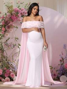 JustVH Maternity Floral Off-Shoulder Dress For Baby Shower, Mesh Cloak Maxi Women Outfit Photoshoot Prop