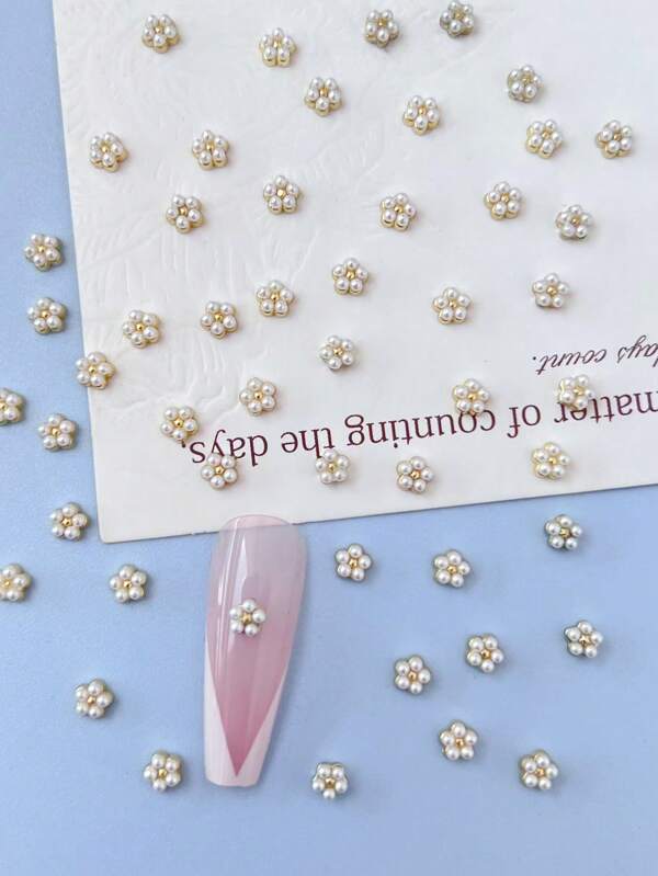 10 Pieces Of Pearl Flower Nail Art Rhinestones, Alloy Base With Artificial Mini Pearl Flower Shape 3D Luxury Nail Decoration, Women's Long/Short Nail Decoration DIY Nail Art Mini Charm, Nail Tools, Nail Supplies