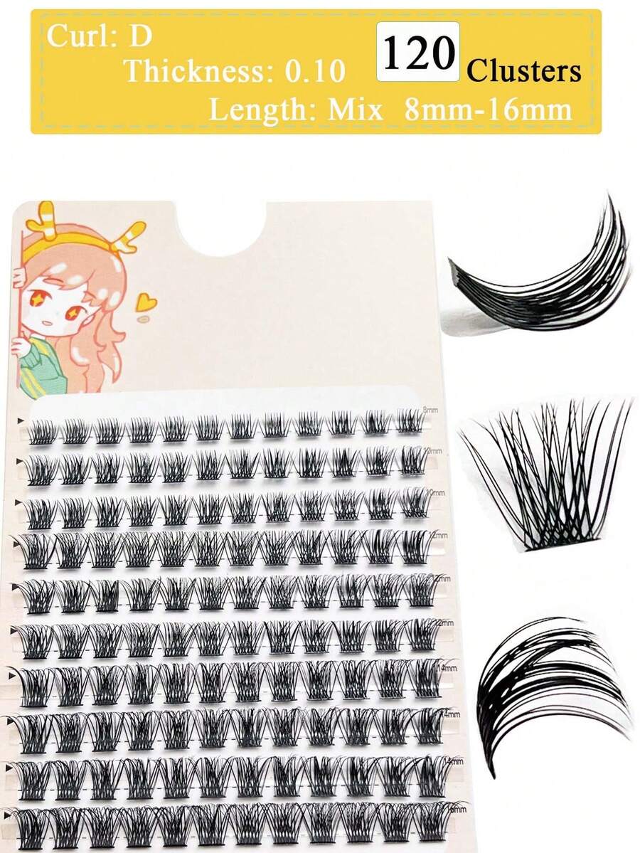 120pcs/10 Rows D-Curl Segmented False Eyelashes, Cute & Thick Fake Lashes, DIY Eyelash Extension, In Stock - Black - View 1