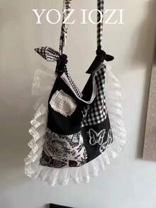 Retro Polka Dot Heart Canvas Tote Bag, Large Capacity Commuting Bag Suitable For College Students, Colorblock Handbag, Shoulder Bag, Versatile Campus Bag For Women - Black - View 3