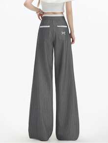 美式灰色条纹蝴蝶结高腰阔腿蕾丝休闲女裤