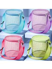 1 件圆柱形网状手提贝壳包，大容量沙滩玩具收纳袋，可调节背带和拉链夏季沙滩包，适合男孩女孩，款式随机 - 彩色 - 查看 2