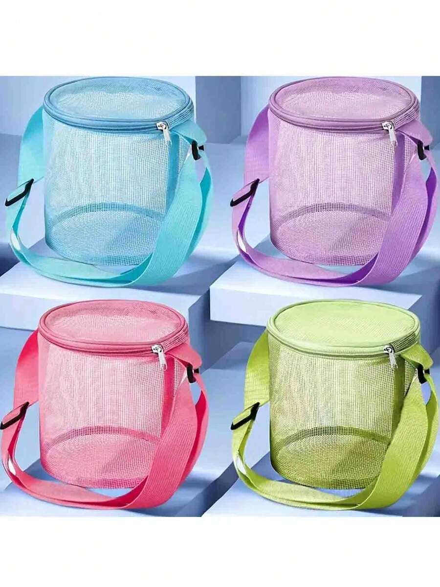 1 件圆柱形网状手提贝壳包，大容量沙滩玩具收纳袋，可调节背带和拉链夏季沙滩包，适合男孩女孩，款式随机