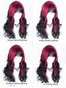 26" Glamorous Wavy Curly Long Hair Wigs - Synthetic Women Black Red Highlights Cosplay Daily Party Clothing Wig Halloween Party(Excluding Accessories) - Red Highlight - View 6