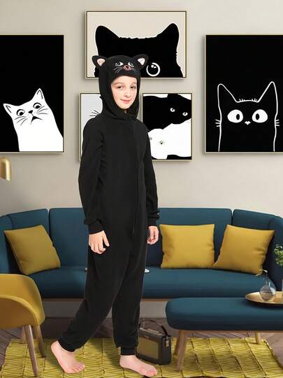 Children's Black Cat Jumpsuit, Suitable For Animal Themed Activities, Comfortable Indoor Home Jumpsuit, Party Events
