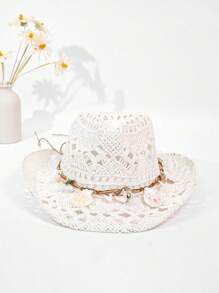 1 件草编巴拿马草帽，贝壳装饰，时尚个性化复古风，适合海滩、露营、旅行、骑行、摄影、约会、主题公园、游艇派对、音乐会