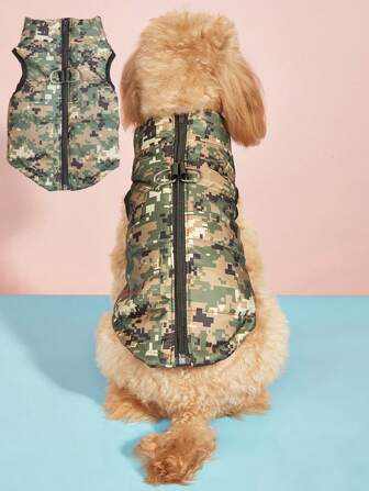 1pc Pet Clothes Autumn/Winter Fashionable Vest, Contrast Color Camouflage Zipper With Leash Hole, Suitable For Poodle, Bichon Frise, Skiing