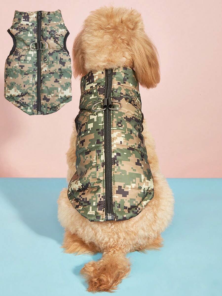1 件宠物服装秋冬时尚背心，撞色迷彩拉链带牵引绳孔，适合贵宾犬、比熊犬、滑雪犬
