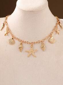 1 件波西米亚风复古海洋风格项链，带可爱海螺、海星、贝壳吊坠，适合日常和度假穿着，金色 - 彩色 - 查看 4