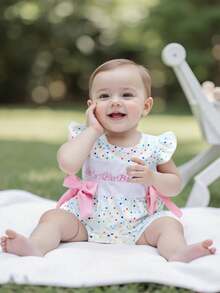 Newborn Baby Girl Birthday Outfit Its My Birthday Embroidery Polka Dot Bow One Year Old Girl Smcoked Romper Bubble Bodysuit One Piece Summer Clothes - 白色 - 查看 6